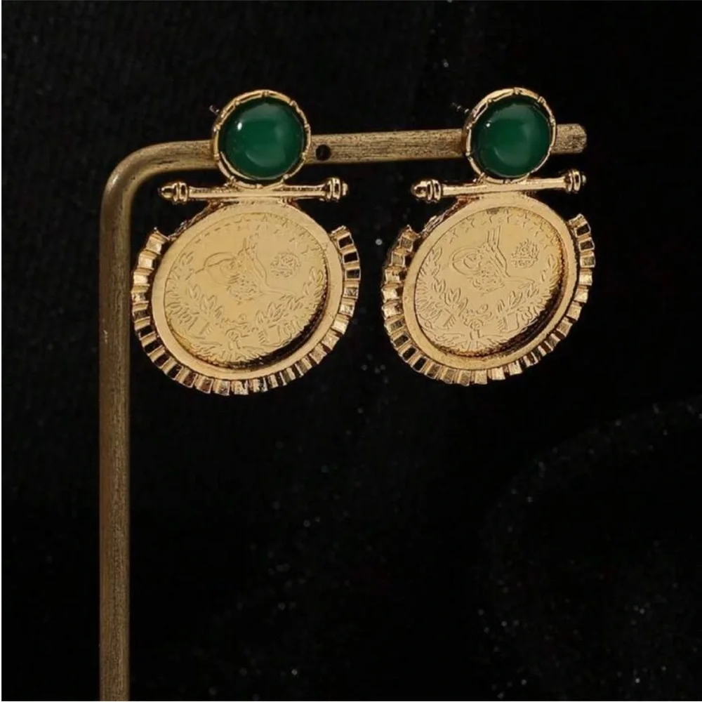 Vintage Gold Medallion Earrings with Emerald Accent